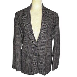 Vintage 70s Houndstooth Plaid Blazer Navy Burgundy Wool Look Tailored Jacket